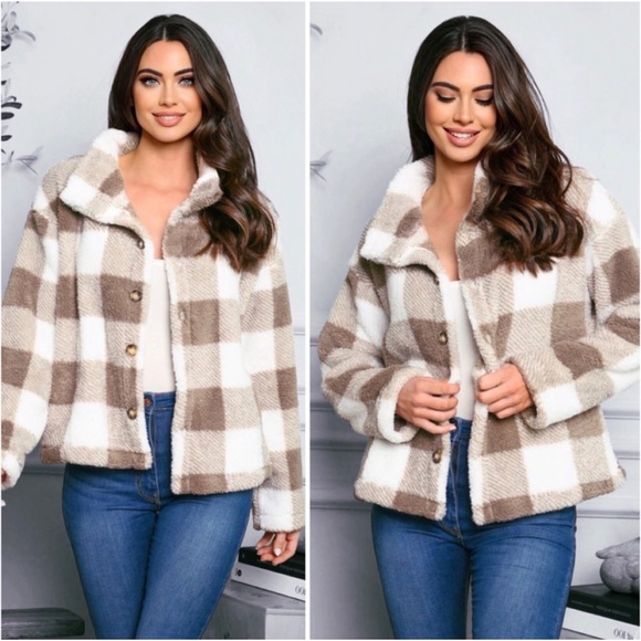1 LEFT! Plaid Sherpa Beige White Women's Cute Fall Warm Soft Sherpa Coat - Picture 4 of 4